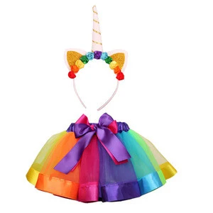 Spring Girls Princess Tutu Skirt With Unicorn Headband for Party