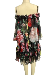 Summer 2020 new style girl-on-shoulder halter with a print chiffon frilly dress with flabbergasted neck