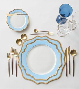 SY Dinnerware Blue With Gold Rim Porcelain Dinner Set Plate Ceramic Dishes For Wedding