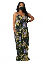 V Neck Printed Spaghetti Strap Sleeveless Loose Maxi Summer Dress(without mask)
