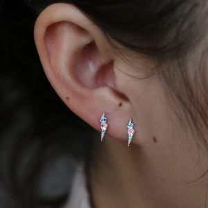 vermeil 925 sterling silver minimal jewelry rainbow cz lighnting bolt stud earring