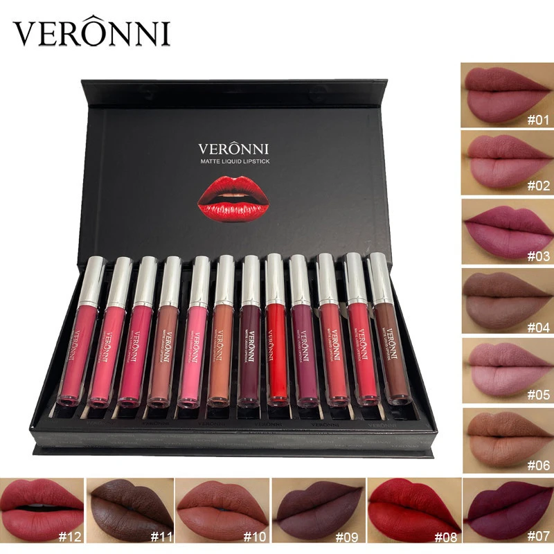VERONNI Lipstick 12 pcs Set High Quality Matte Liquid Lipstick Nude Lipgloss 24h Long Last Lip Tint Cosmetics Private Label Kit