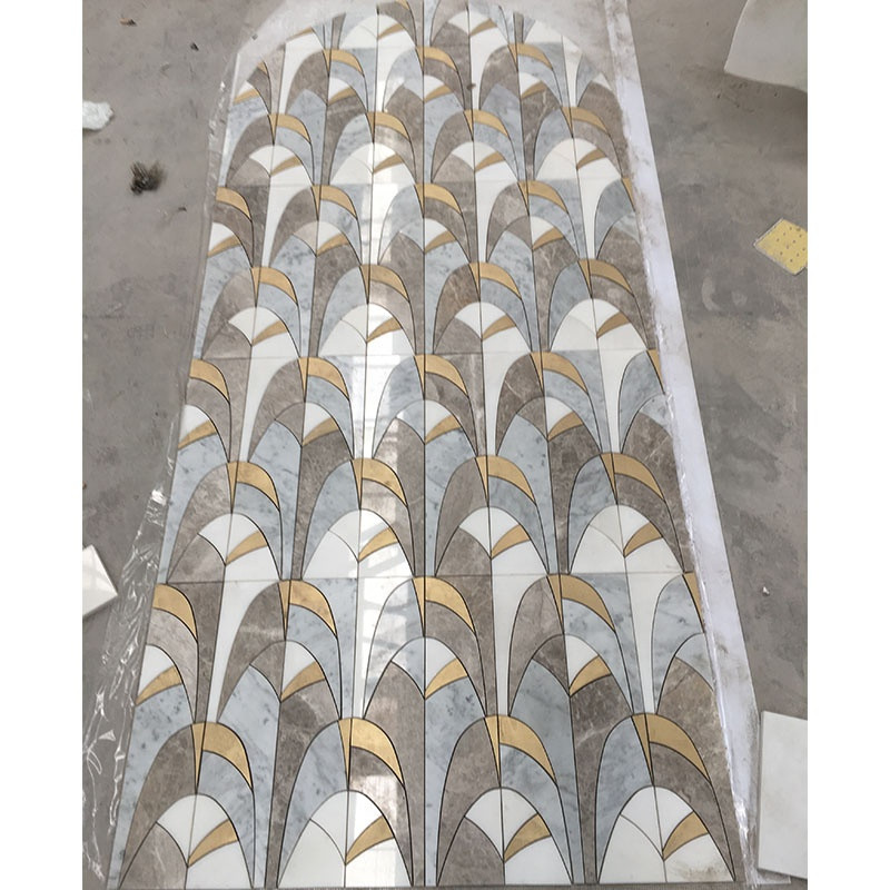 Buy Water Jet Mosaic Tile Gold Metal Brass Inlay Grey White Marble Wall ...