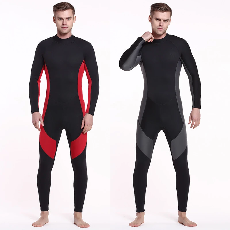 Wetsuit Men Full 3mm Neoprene Surfing Suit Diving Snorkeling Swimming Jumpsuit Black/Red Color Block Back Zip Fullsuit