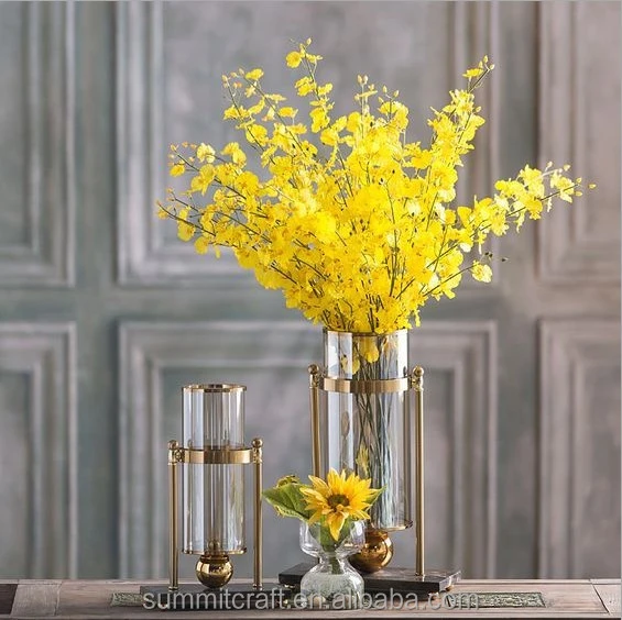Wholesale decorative table top glass vase with metal stand