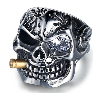 Wholesale Punk Stainless Steel Skull Ring for Men with Cubic Zircon