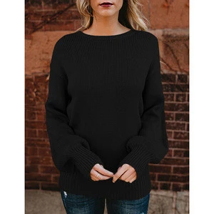 Winter Sexy Fashion Black Backless Long Sleeve Round Neckline Knitted Woman Sweater