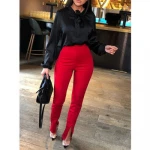 Women Autumn Cotton Casual Tight Fit Leg Opening Split High Waist Pants Trousers Casual Office Lady Women Palazzo Pants