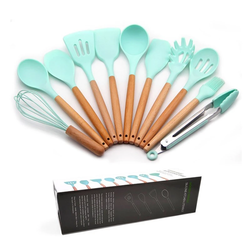 Wood Handle Silicone Utensils Kitchenware 11Piece Set Kitchen Tool Shovel Spoon Set