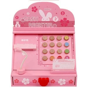 Wood Mini Pink Supermarket Checkout Counter Cash Register Toy Pretend Play Cashier Register Toys