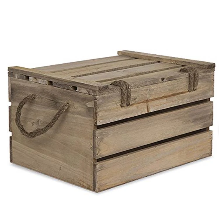 Wooden Crate Storage Box with Lid - Antique Light Brown - Medium