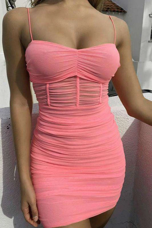 Xs Solid fashion prom trendyshort  skirt women lady dress eye catching Sling mesh transparent sexy Dress
