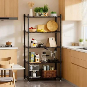 Multi-layer powder-coated black wire mesh shelf, household bamboo tube floor-standing storage kitchen shelf