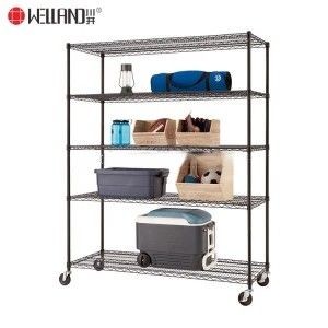 High Quality Movable 5 Tiers Garage Wire Shelf Metal Shelving Unit Heavy Duty Rack With Wheels