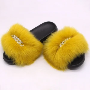 Women Summer New Sandals 2021 Fashion Design Golden Chain Furry Fur Slides Plush Beach Slippers Female Outdoor Casual Shoes