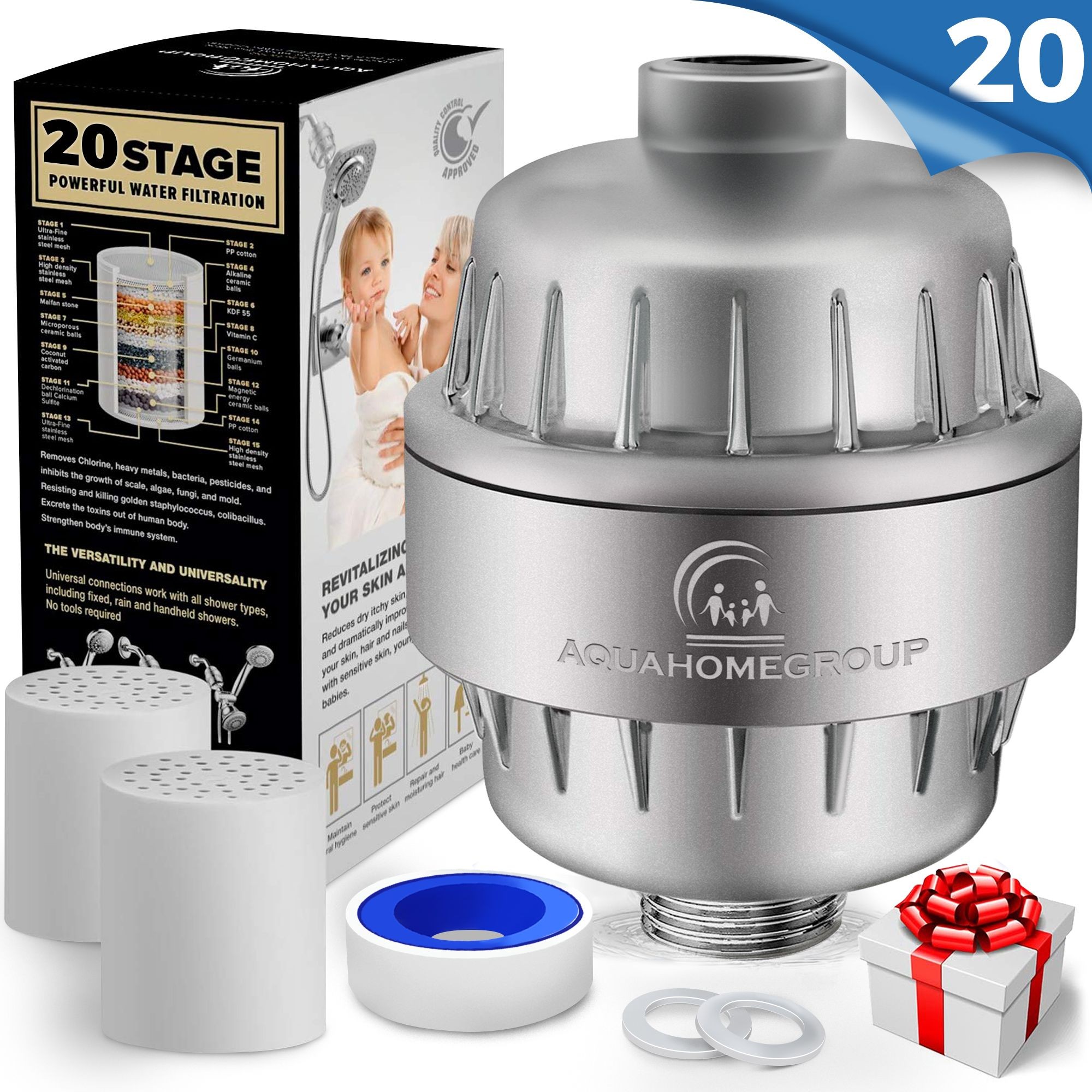 thumbnail image 2 of AquaHomeGroup Hard Water Shower Head Filter (2 Cartridges Included 2 of 12