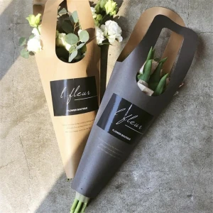 Custom waterproof flower packaging kraft printed paper bag with flat handle