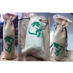 100% Natural Jute with Screen Print and string closure for Single Bottle Wine Bag