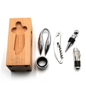 2020 Amazon Top Seller Popular Products Wholesale Kitchen Bar Accessories Wine Corkscrew 5PCS Set with Wooden Holder