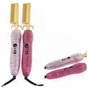 2020 Magic Glitter Sparkle Crystal Beaded Rhinestone Bling Electric Ceramic Hot Pressing Comb Hair Straightener Comb for Women