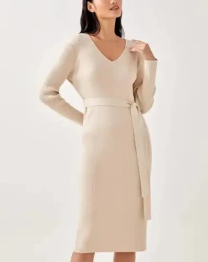 2023 New Arrival womens quality knit crew neck casual pure cashmere dress women with belt