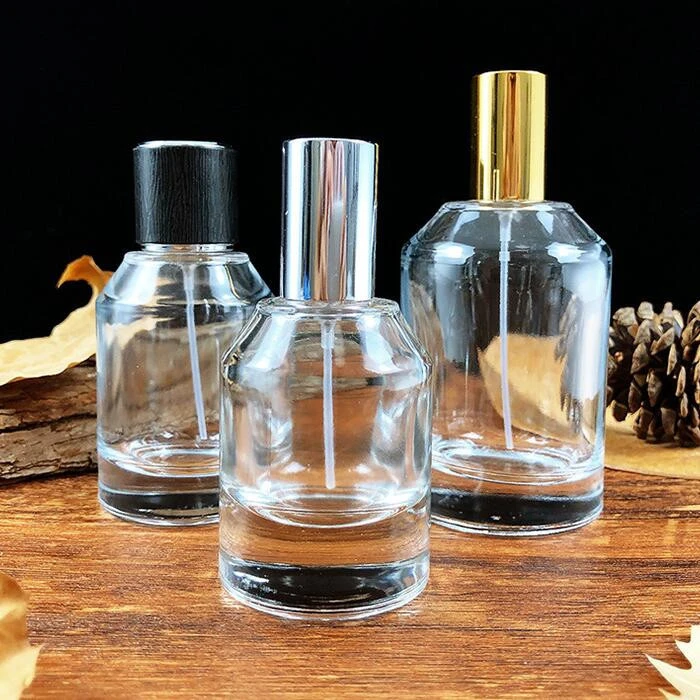 30ml 50ml 100ml wholesale luxury cylinder crimp cosmetic glass perfume  bottles with black/golden/silver cap
