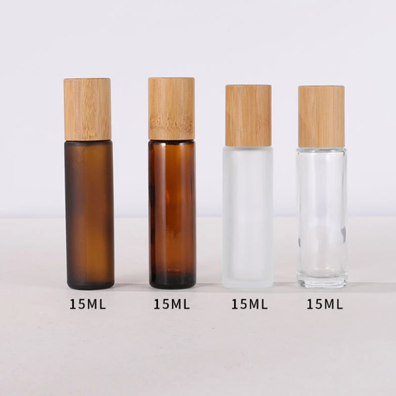 5ml 10ml 15ml 0.5oz brown transparent frosted bamboo cover roll-on bottle wood grain cover for Essential oils