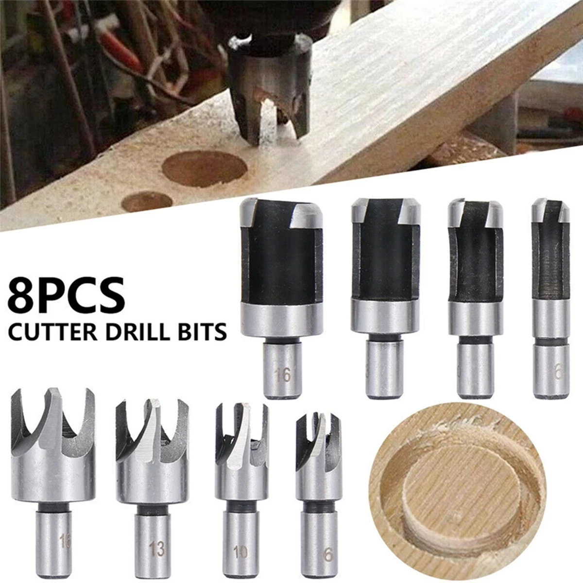 8PCS Wood Plug Hole Cutter Drill Bits Set Dowel Maker Cutting Tools Round Shank