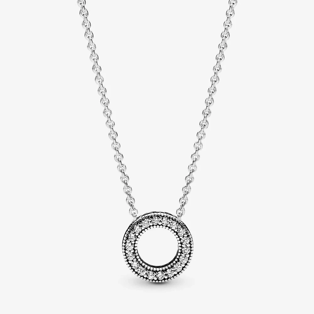925 Sterling Silver Pave Zircon Stone Circle Pendant Round Ring Loop Adjustable Chain Necklace Pand Jewelry For Women