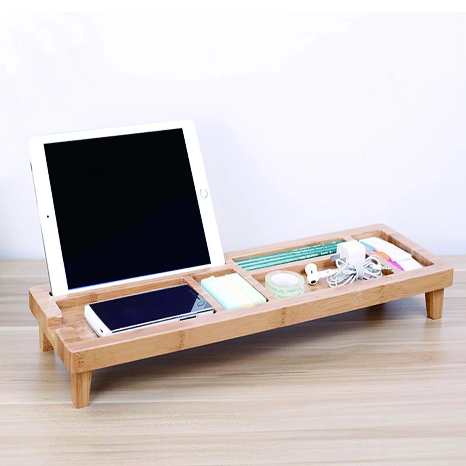 Bamboo Desk Organizer Tray for Saving Space, Office Desktop Small Objects Storage Holder Hide Keyboard Wood Shelf