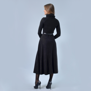 Black High Neck Midi Office A-line Long Sleeve with Belt Wool Dress