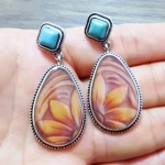 Boho Vintage Tooled Turquoise Sunflower Water Drop Earrings