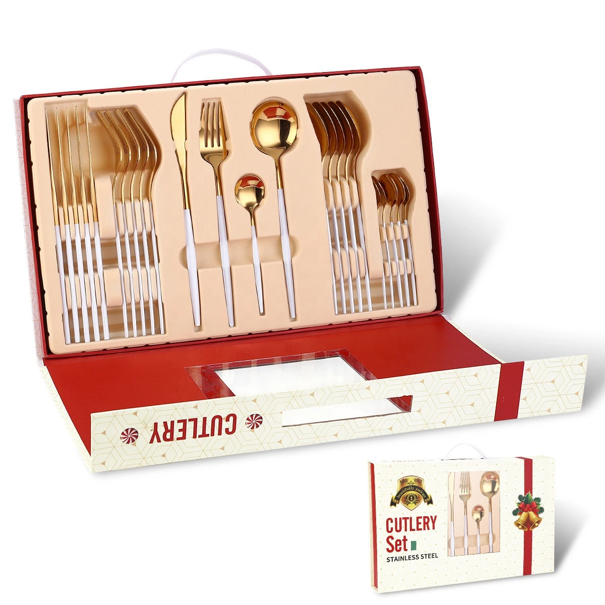 Christmas promotion wedding gift cutipol goa cutlery set 24pc mirror shiny pink and gold silverware set