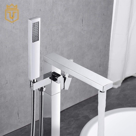 Chrome Floor Mount Bathroom Bathtub Faucet Tub Filler Single Handle with Hand Shower
