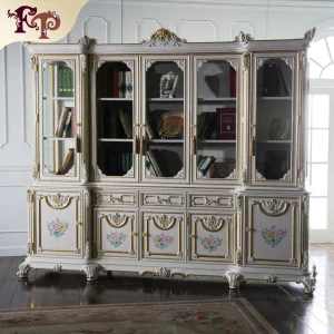 classical Europe Style Wooden Bookcase with White Color-solid wood antique style bookcase