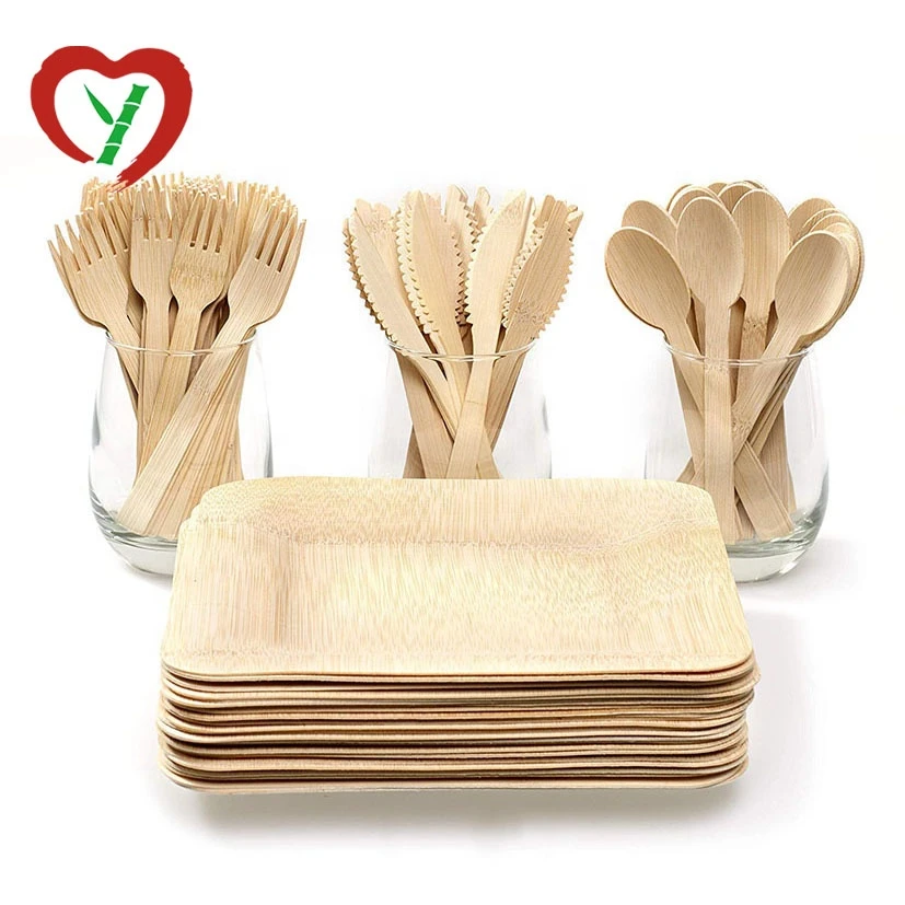 Composable Disposable Square Bamboo Plates And Cutlery Tableware Set