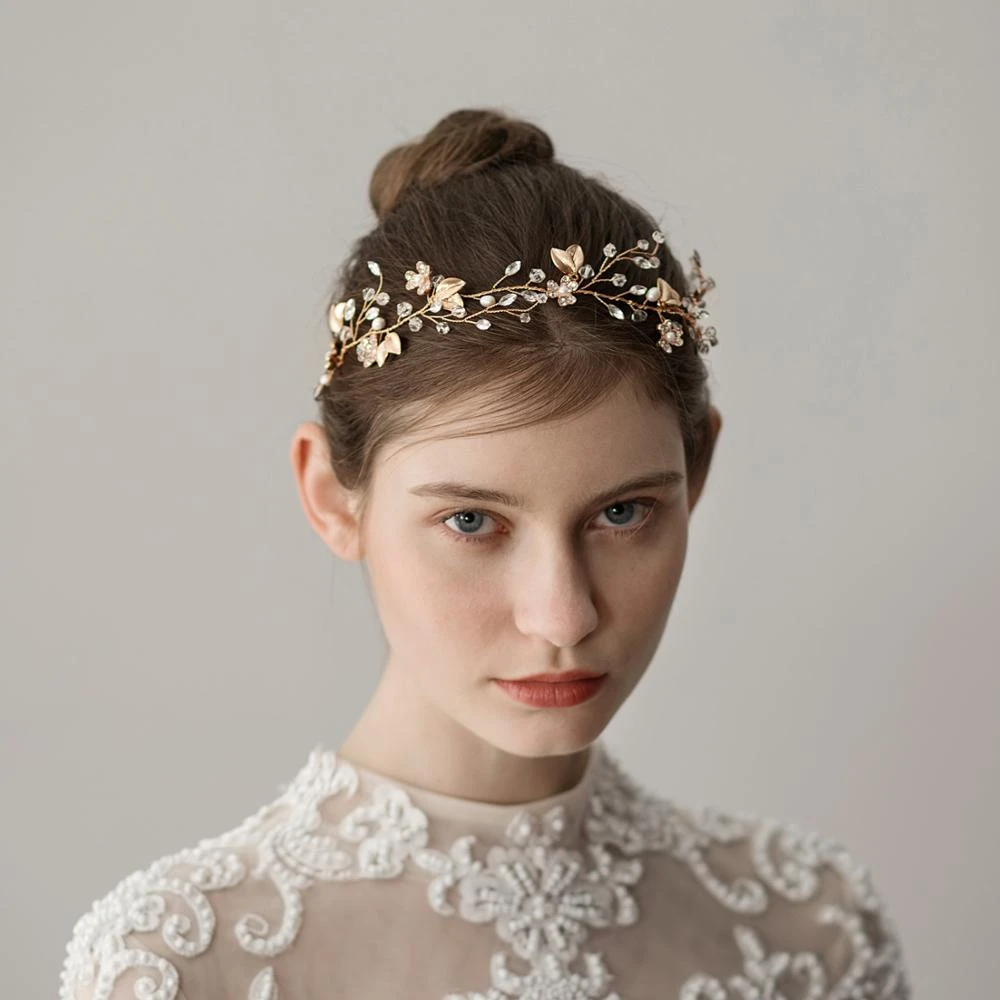 Crystal Rhinestone gold leaves Pearl Wedding Hair Band Headband Satin Ribbon Bridal Tiara