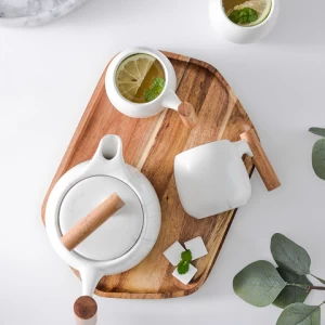 Custom Logo Nordic Designer Wood Handle Coffee Ceramic Tea Cup Set Wooden Handle Coffee Cups Pots Set with Gift Box Gift