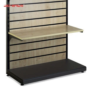 Custom MDF slatwall display stand and metal gondola/shop retail mdf slatwall display racks with shelf