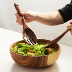 custom14oz round fruit vegetable salad bowl set acacia wood bamboo salad bowl with spoons