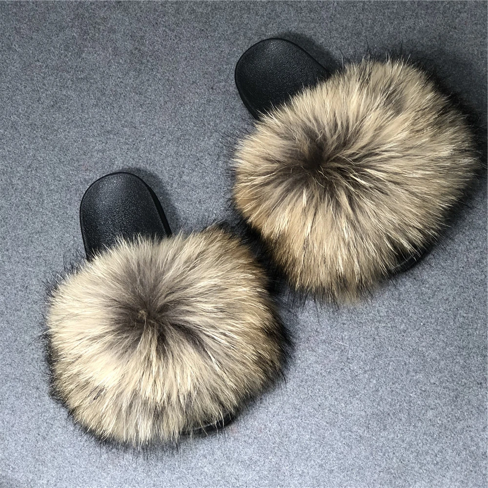 Customized Color Print Logo Fuzzy Slides Fox Fur Raccoon Fur Slippers For Women
