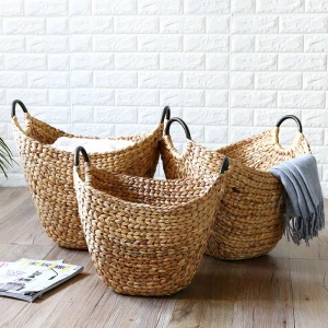 Customized Eco Friendly Water Hyacinth Woven Storage Bin Basket Laundry Baskets