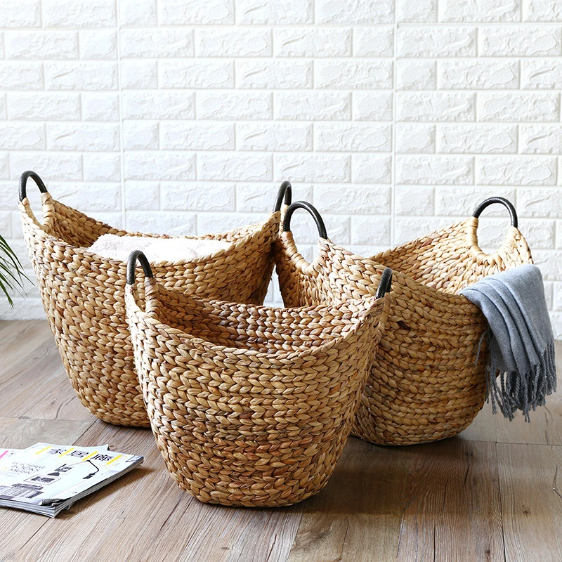 Customized Eco Friendly Water Hyacinth Woven Storage Bin Basket Laundry Baskets