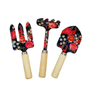 Decorative mini size kids gift customer design floral printing 3 pieces wooden handle set tools for garden