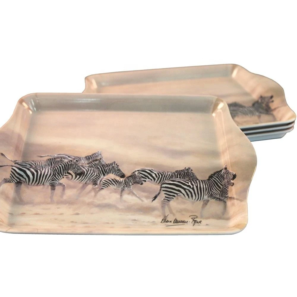 Dinnerware Decal Animals Rectangle Plastic Melamine Serving Tray Rolling Tray With Handle