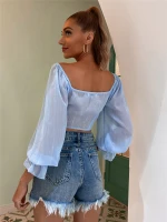 DM womens apparel manufacturer Front gathering square collar puff sleeve chiffon blouse