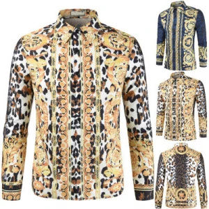 EcopartyNew Men Shirts 3d Pattern Printing Leopard Gold Floral Design Long Sleeve Casual Shirts Men&#x27;s Fashion Shirts