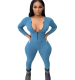 elegant jumpsuits women 2021 onepiece women body suits  deep v-neck slim bodycon solid long sleeve jumpsuits