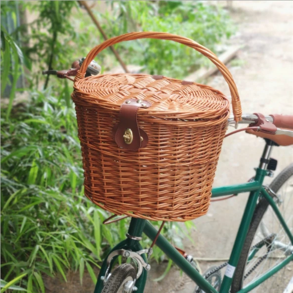 Factory Hot Sales Hand Made With Lid Bicycle Wicker Retro Bicycle Basket