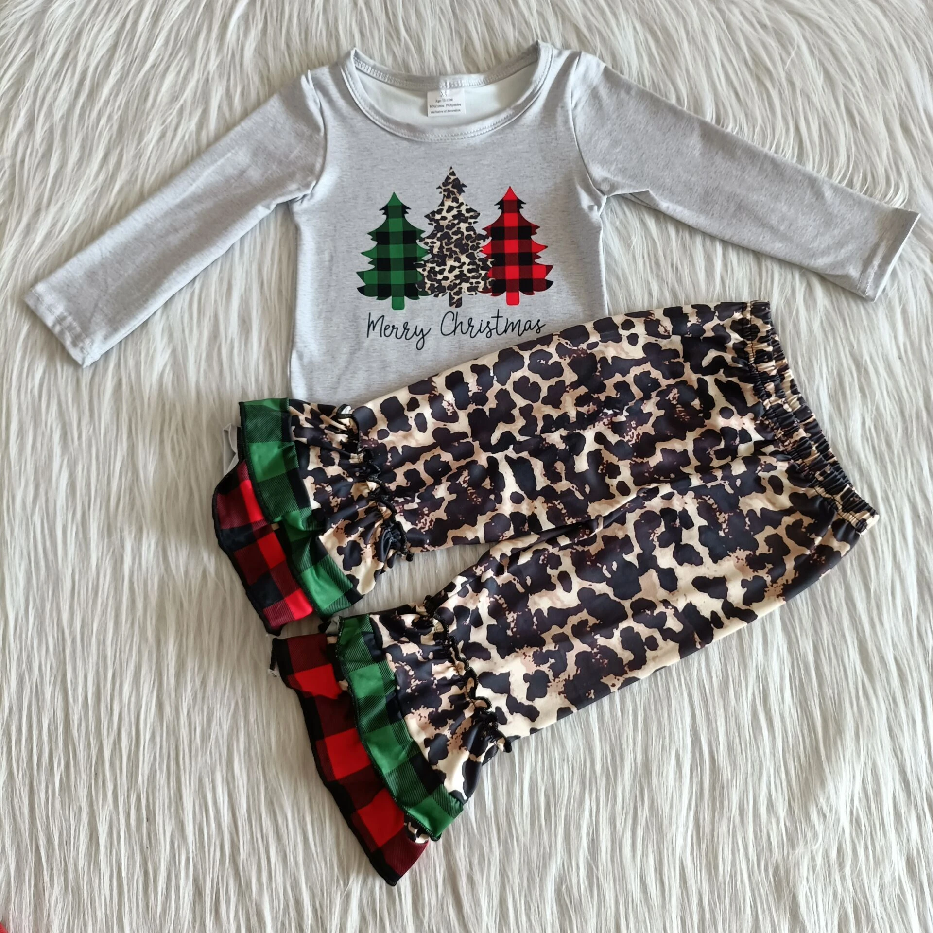 fall baby clothing Christmas Three Trees Grey Top + Leopard Pants Set girls christmas outfit